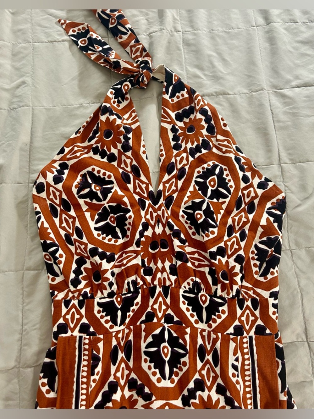 Sezane Alana Dress, Halter Midi Dress Size 42 / US 10, Rust Brown, Black, Cream - Picture 9 of 16